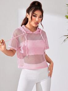 SHEIN Dewbera 女款純色短袖抽繩連帽寬鬆運動運動衫 - 粉色 - 查看 3