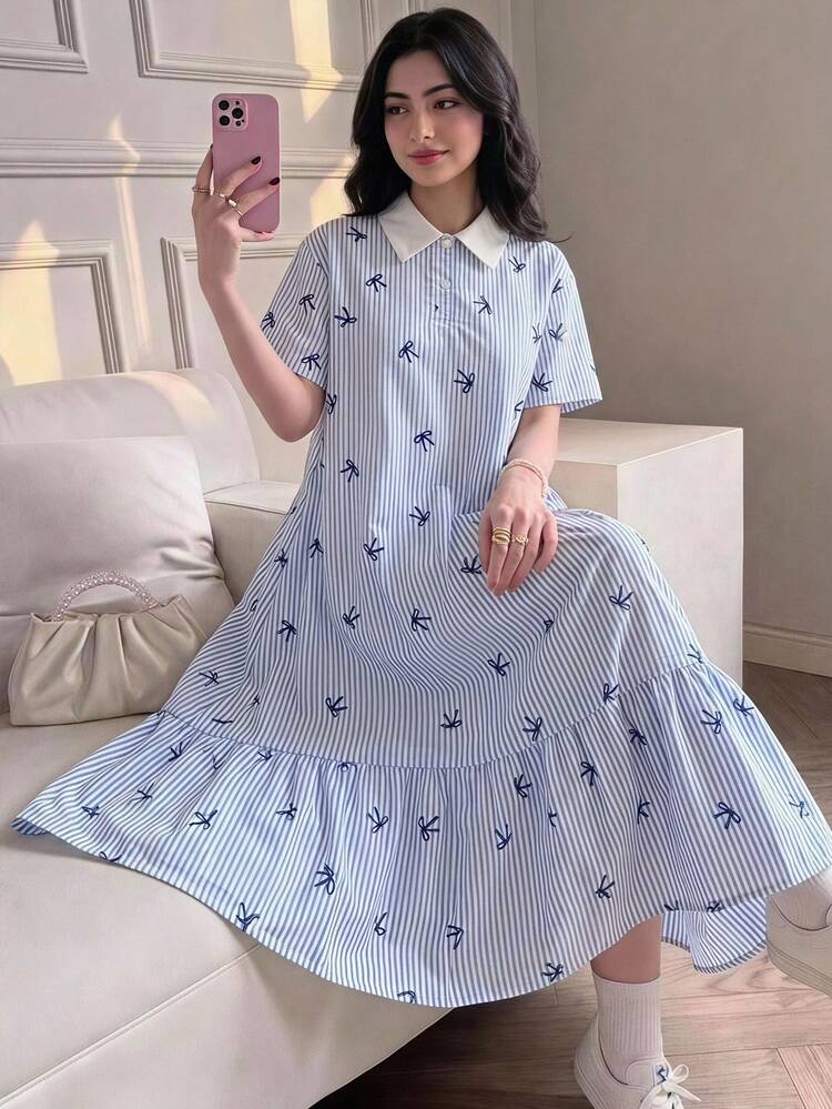 SHEIN Kids Teen Girl Teen Girl Polo Collar Blue White Striped Bowe Printed Short Sleeve Midi Dress, Back-To-School Summer Cute Dress School Uniform - Blue - View 7