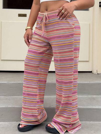 Muchica Plus Size Spring/Summer Casual Vacation Striped Long Pants