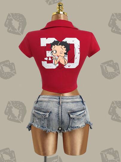 Betty Boop x SHEIN 女款領口短袖印花短版T恤
