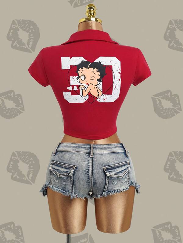 Betty Boop x SHEIN Women's Collared Short Sleeve Printed Cropped T-Shirt