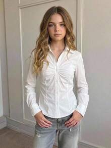 Girlism Tween女孩休閒百搭優雅學院風白色修身抓皺襯衫，返校穿搭白襯衫 - 白色 - 查看 6