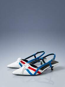 CUCCOO GRLICON Women's High Heel Pumps, Kitten Heel, Racing Sport Style, Y2K, Color Block Stripes, Summer - White and blue color matching - View 2