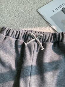 SHEIN 女童（大童）秋冬休閒街頭風學院風複合抓絨加厚百搭運動長褲 - 灰色 - 查看 3