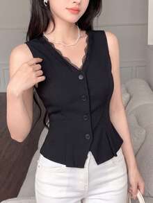 Modelyn 休閒優雅極簡純色梭織布鈕扣蕾絲飾邊背心，適合辦公商務與日常穿著，黑色夏季款 - 黑色 - 查看 5