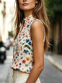 SHEIN Franclia 女款休閒波西米亞優雅無袖白色花卉印花V領上衣背心，波點復古日常早午餐度假夏季花卉風 - 杏色 - 查看 4