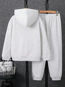 SHEIN 2件組兒童青少年男孩休閒運動字母圖案灰色連帽衛衣與長褲套裝，適合通勤、上學、日常穿著、度假、旅行、運動，秋冬款 - 灰色 - 查看 3