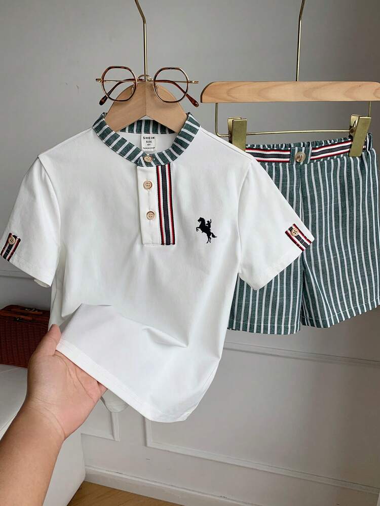 SHEIN Kids Young Boy,Toddler Boy 2pcs Spring/Summer Casual Preppy Short Sleeve POLO Shirt And Striped Shorts Set,White Shirt,Fall Outfit Sets,Back To School - Green - View 6