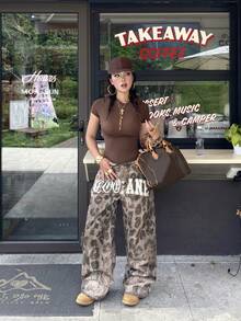 Coolane 女款春夏街頭風外訪夜生活演唱會 Y2K 休閒復古水洗寬腿牛仔褲 豹紋低腰棉質香蕉哈倫褲 - 咖啡棕 - 查看 8