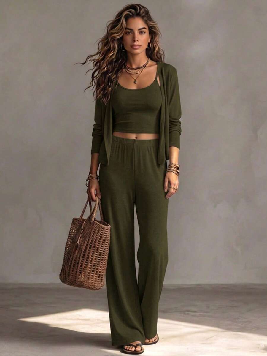 Franclia 3 PiecesCasual Everyday Matching Camisole, Cardigan, And Elastic Waist Straight Pants Knit Set For Women, Autumn/Winter - Green - View 1