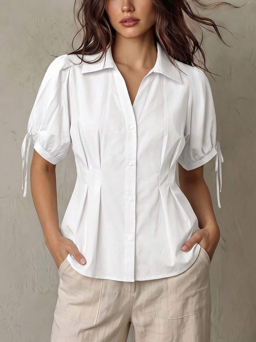 Franclia Women's Stylish Short Sleeve Blouse, Slimming Waist, Bubble Sleeves, Stomach Cover Shirt - White - View 1