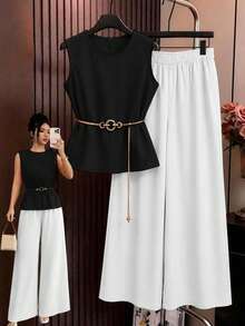 GlowEve CURVE Plus Size Women's Solid Color Round Neck Top And Wide Leg Pants Casual Everyday Set - Multicolor - View 3