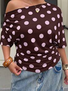 Muchica Brown Polka Dot Asymmetric Collar Plus Size T-Shirt For Women - Brown - View 4