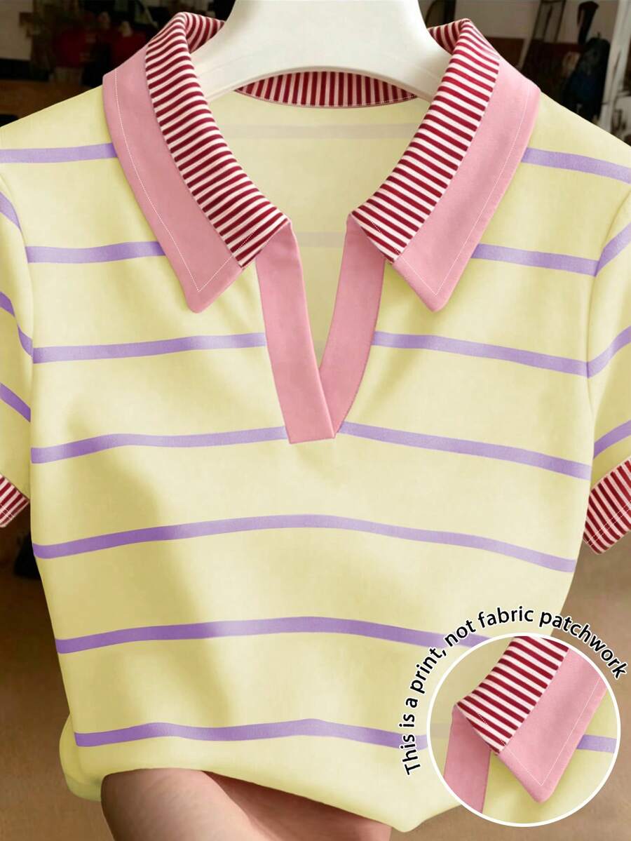 Resyla 女款 Polo 領修身休閒 T 恤，適合日常穿著，長袖上衣，春秋款最新時尚條紋翻領 T 恤衫 - 彩色 - 查看 1