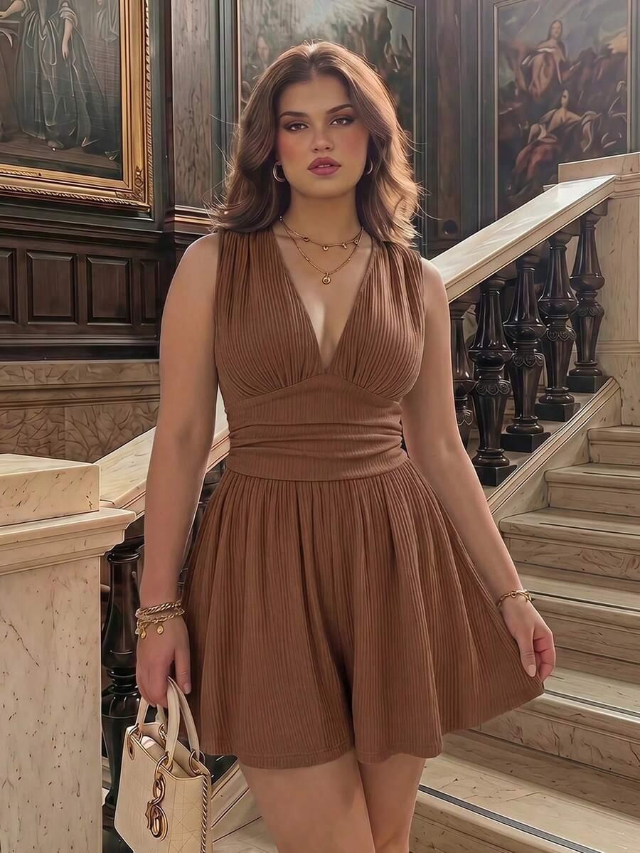 SHEIN MOD V-Neck Ruffled Waist Short Plus Size Women's Jumpsuit - Brown - View 1