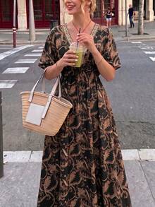 Flora Isola Flora Isola 女款V領落肩長洋裝，圖案對比飾邊收腰設計，夏季日常穿著，度假海灘野餐黑色波希米亞風 - 黑色 - 查看 3