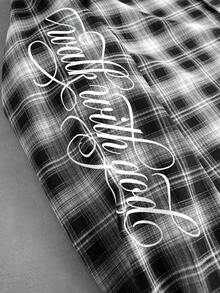ROMWE MEN Men's Printed Plaid Loose Long Sleeve Shirt - Black and White - View 2