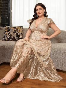 Reflora Plus Size Women's Embroidered Mesh Cap Sleeve Button Design Elegant Dress - Champagne - View 8