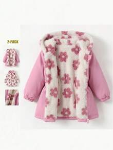 SHEIN Babygirl Reversible Floral Print Hooded Jacket, Autumn/Winter - Pink - View 1