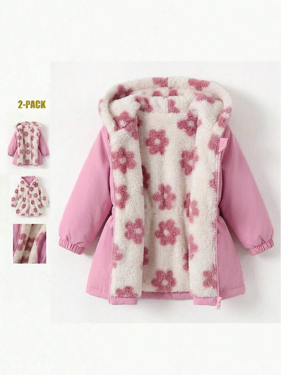 SHEIN Babygirl Reversible Floral Print Hooded Jacket, Autumn/Winter - Pink - View 1