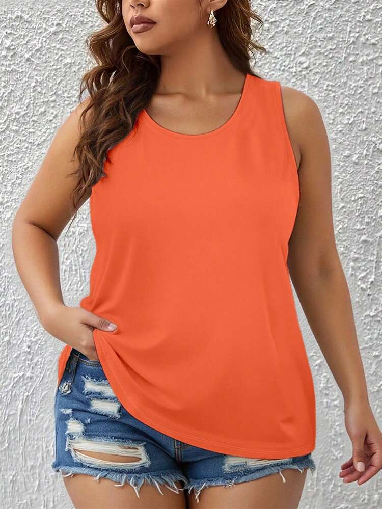 EMERY ROSE Camiseta sin mangas de talla grande, casual de verano, color liso simple - Naranja - Añade 1