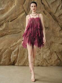 Arave Women's Solid Color Lace Patchwork Multi-Layer Spaghetti Strap Mid-Length Dress - Burgundy - View 3
