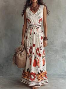 SHEIN Franclia 女士时尚休闲无袖简约定位印花连衣裙，收腰喇叭裙，适合夏季休闲度假、春夏通勤、居家、约会、日常穿着、夏季、派对、海滩、毕业季、商务办公等场合，百搭时尚日常穿搭，V领收腰连衣裙，收腰喇叭裙 - 彩色 - 查看 1