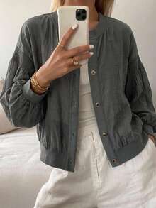 FRIFUL Women's Casual Metal Button Decor Loose Jacket, Versatile For Spring & Summer - Dark Grey - View 1