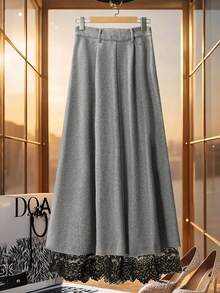 Franclia Grey Lace Patchwork A-Line Skirt, High Waist Slimming, Elegant For Commute And Everyday Wear, Autumn/Winter - Grey - View 2