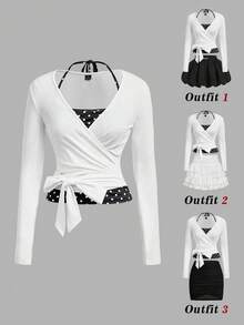SHEIN MOD Blusa elegante para mujer de manga larga con lunares, cuello halter, superposición, cruzada y lazo lateral, blusas para mujer para fiesta, tops de manga larga para mujer - Blanco y Negro - Ver 2