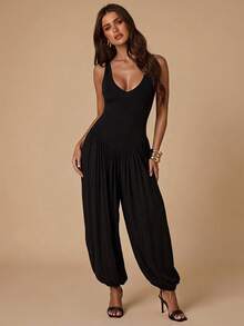 SHEIN BAE Spring/Summer Solid Black Halter Neck Backless Slim Fit Lantern Leg Jumpsuit For Women Night Out Club Sexy - Black - View 6