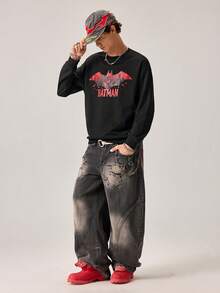 Strevion BATMAN 男士休闲红色蝙蝠侠标志印花圆领长袖T恤，适合春秋季日常穿着 - 黑色 - 查看 7