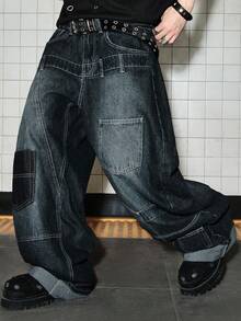 ROMWE MEN Casual 男士寬腿寬鬆雙腰帶牛仔褲，附口袋 - 藍黑色 - 查看 1