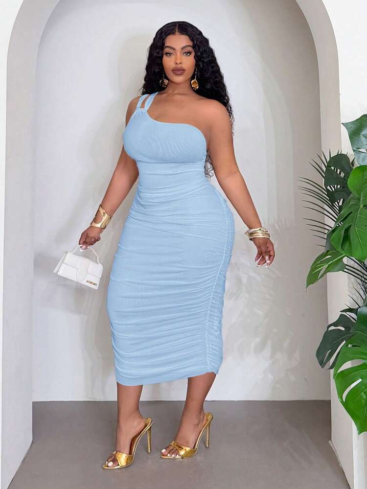 Slaydiva Plus Size Women's Solid Color One-Shoulder Sleeveless Fitted Fashion Elegant Vacation Dress - Blue - View 4