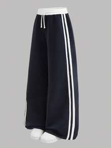 Girlism Tween Girl Tween Girls Sweatpants Spring Summer Autumn Winter New Casual Versatile Snug Fit Colorblock Webbing Elastic Waist Loose Wide Leg Sweatpants, Back To School Season - Blue and White - View 3