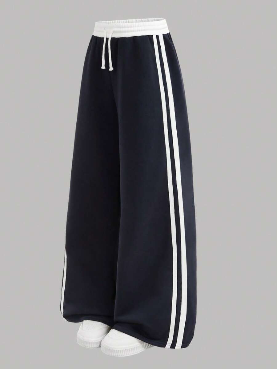 Girlism Tween Girl Tween Girls Sweatpants Spring Summer Autumn Winter New Casual Versatile Snug Fit Colorblock Webbing Elastic Waist Loose Wide Leg Sweatpants, Back To School Season - Blue and White - View 1