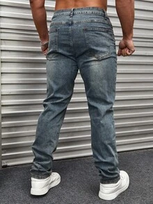 EGENSIO 美式風格四季通用極簡大尺碼男士破洞牛仔褲 - 藍色 - 查看 2