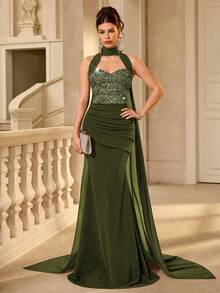 Coutiva Women's Formal Evening Sequin Patchwork Mermaid Halter Neck Dress - Olive Green - View 6