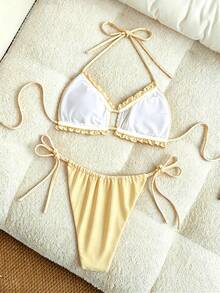 Swim SXY 純色兩件式泳衣套裝，適合海灘度假 - 淡黃色 - 查看 2
