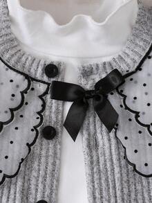 跨境少女 4-7 歲學院風網紗波點刺繡翻領針織羅紋鈕扣背心開襟衫 + 柔軟長袖套頭 T 恤 + 鬆緊腰寬腿長褲 3 件套，適合校園日常、生日派對與外出拍照休閒風穿搭，春/秋季 - 灰色 - 查看 12