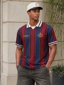 Manfinity EZcore Plus Size Men's Vertical Stripe "New York" Print Polo Shirt, Ideal For Street, Hangouts, Parties & Daily Wear, For Men, Teens, Students - Multicolor - View 1