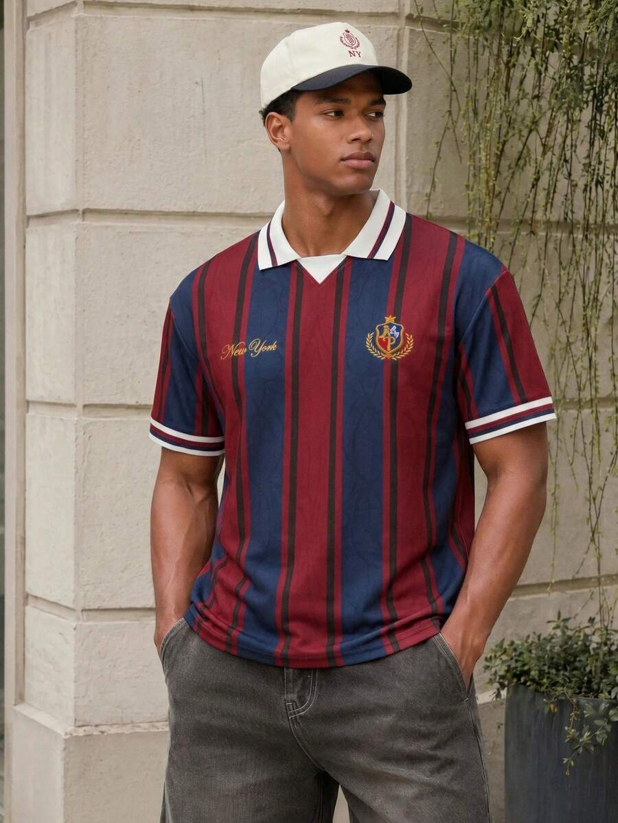 Manfinity EZcore Plus Size Men's Vertical Stripe "New York" Print Polo Shirt, Ideal For Street, Hangouts, Parties & Daily Wear, For Men, Teens, Students - Multicolor - View 1
