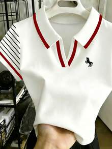 Franclia 女款白色大尺碼條紋袖 Polo 短袖 T 恤，馬刺繡，春夏學院風休閒日常逛街度假寬鬆上衣 - 彩色 - 查看 4