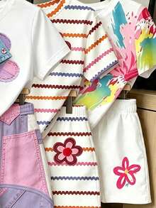 Conjunto de camiseta corta básica y pantalones cortos con estampado de rayas y patchwork floral fresco para niñas - Multicolor - Ver 4