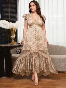 Reflora Plus Size Women's Embroidered Mesh Cap Sleeve Button Design Elegant Dress - Champagne - View 3