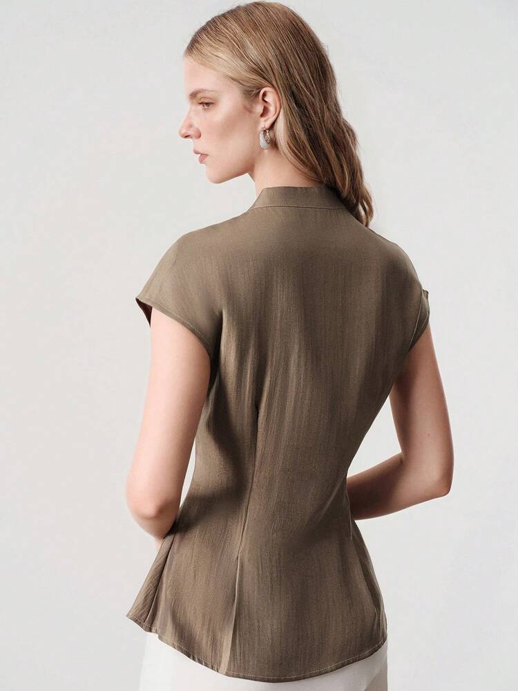 Aveloria Modichic Commuter Versatile Glossy Sleeveless Stand Collar Single-Breasted Waist-Cinching Flared Hem Slim Fit Elegant Solid Color Blouse - Coffee Brown - View 3