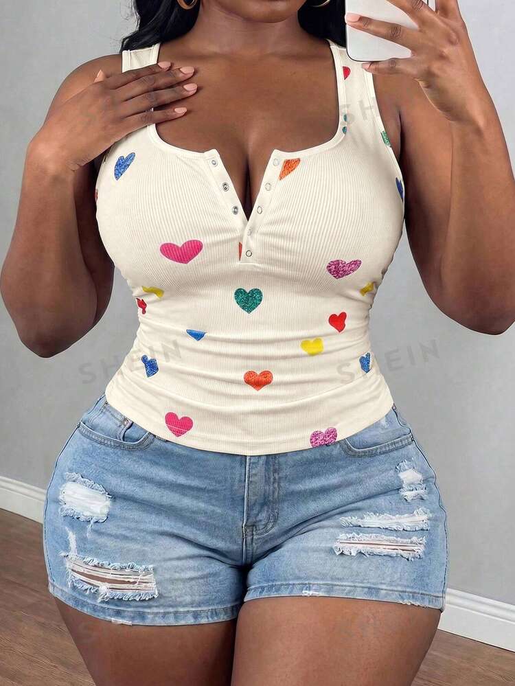 Slaydiva Plus Size Summer Casual Heart Print Tank Top - Apricot - View 1