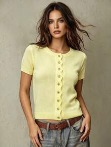 SHEIN Franclia 女款春夏上衣，度假、六月節慶，優雅復古休閒上衣，辦公室早午餐外出，蕾絲上衣，鈕扣淡黃色上衣 - 黃色 - 查看 1