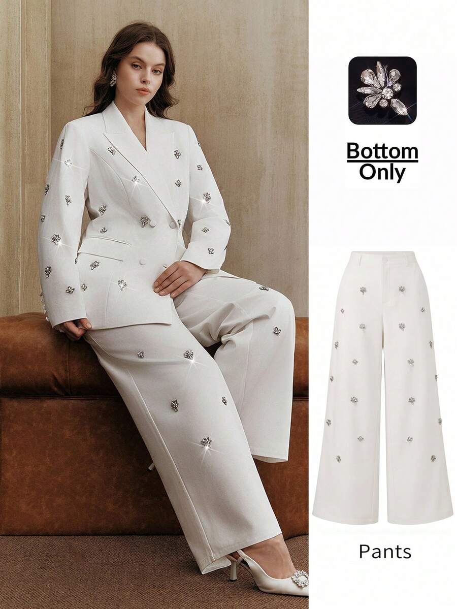 Anewsta 女款時尚優雅極簡奢華現代高端重裝飾修身水鑽大尺碼西裝長褲,適合外出、派對、正式場合、婚禮 - 白色 - 查看 1