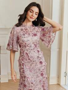 Anewsta Elegant Navy Blue Floral Mesh Ruffle Trim Sequin Embellished Short Sleeve Dress, Suitable For Party, Date, Resort Wear, Spring/Summer Outfits - Pink - View 4